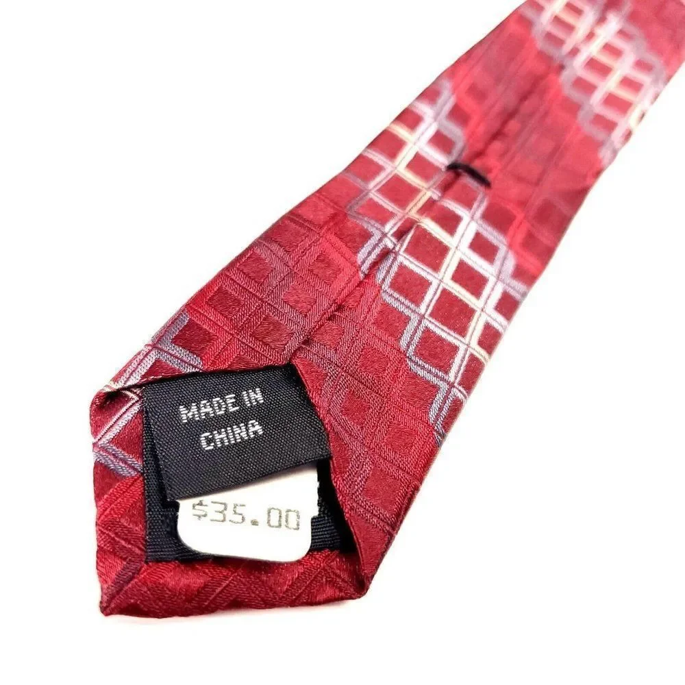 Perry Ellis Portfolio Red Silk Tie Woven Check Regimental‎